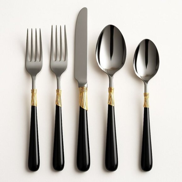 5-Piece Patrick Yamazaki Lindi Flatware Set Black Handles & Gold Accents Japan S - Picture 1 of 10